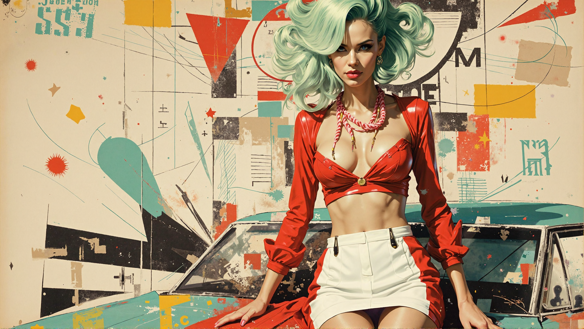 AI generated wallpaper featuring woman, car, art, graffiti, hair, top, skirt, necklace, background, design