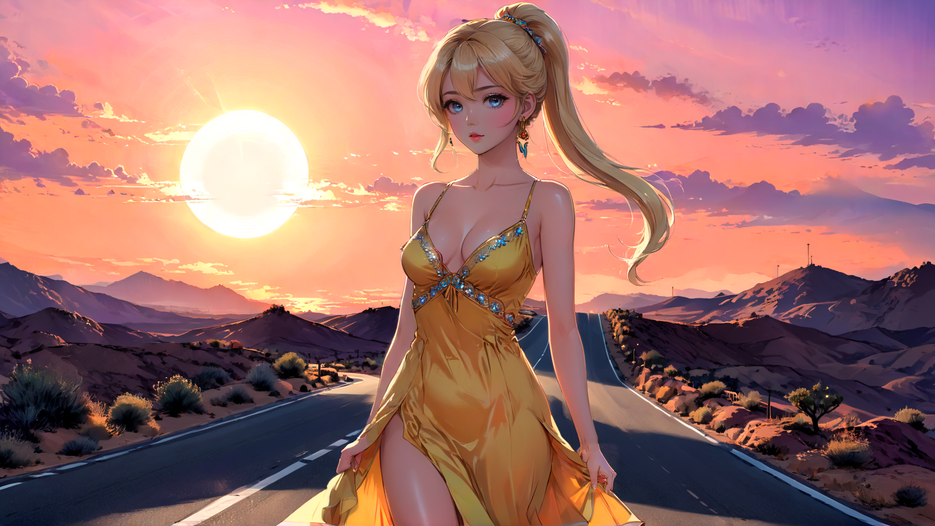 AI generated wallpaper featuring woman, dress, road