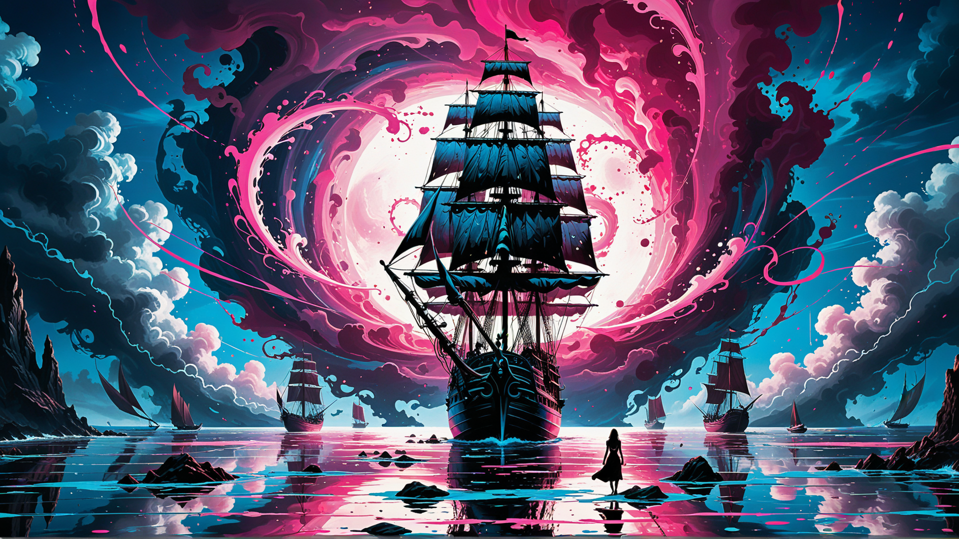 AI generated wallpaper featuring ship, sail, woman, ocean, rock, cloud, sun