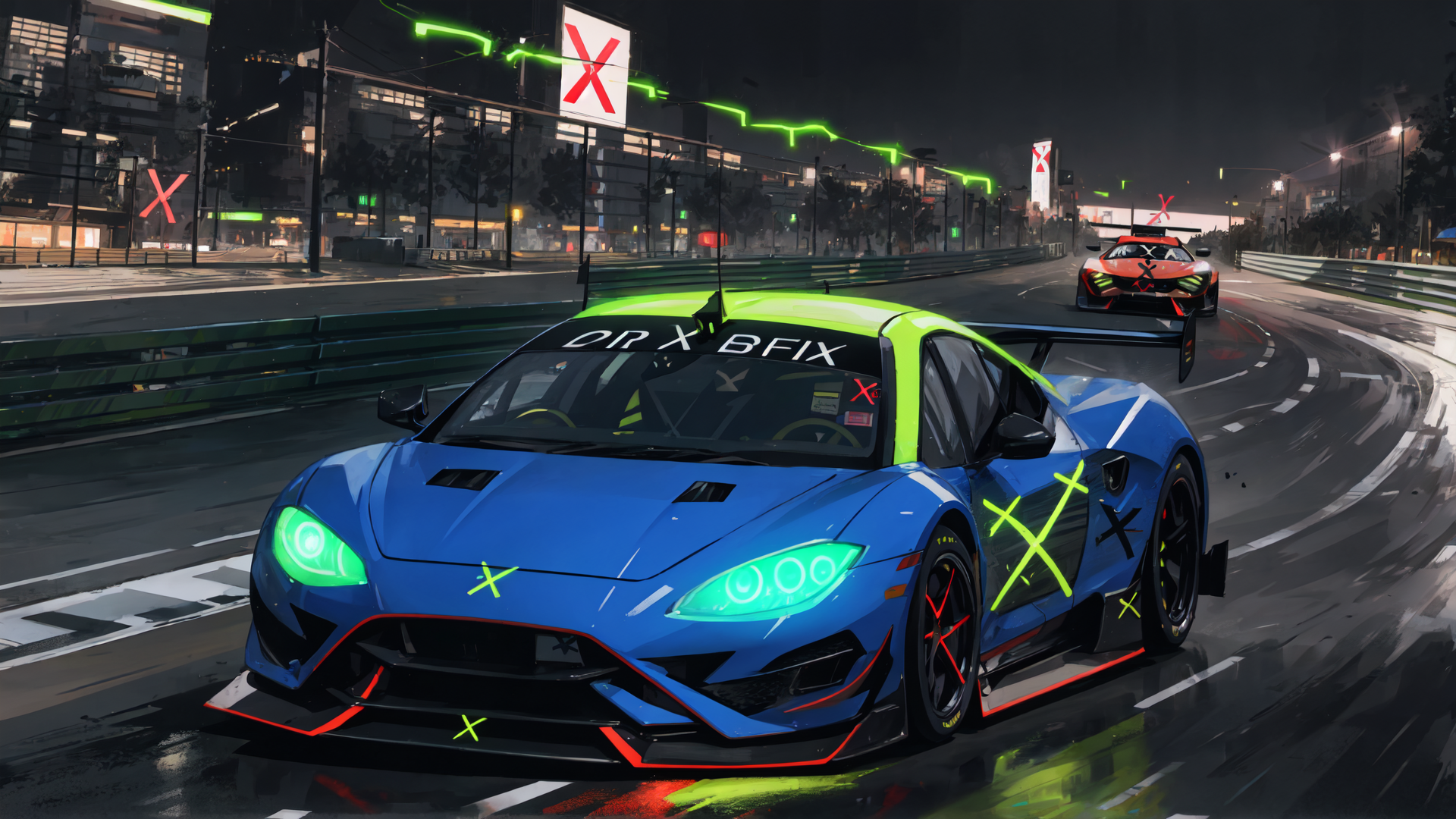 AI generated wallpaper featuring race car, supercar, city street, track