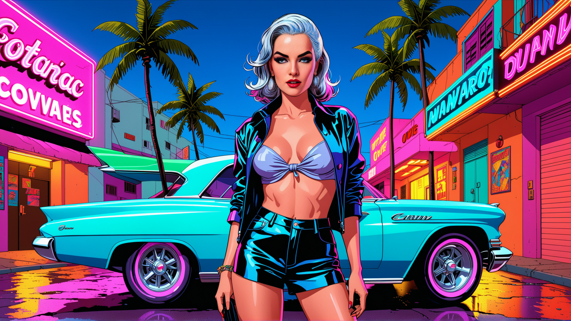 AI generated wallpaper featuring woman, car, palm tree