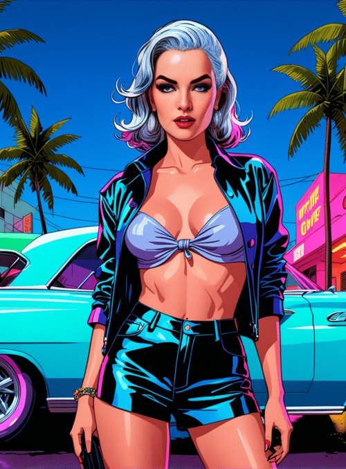 woman, car, palm tree