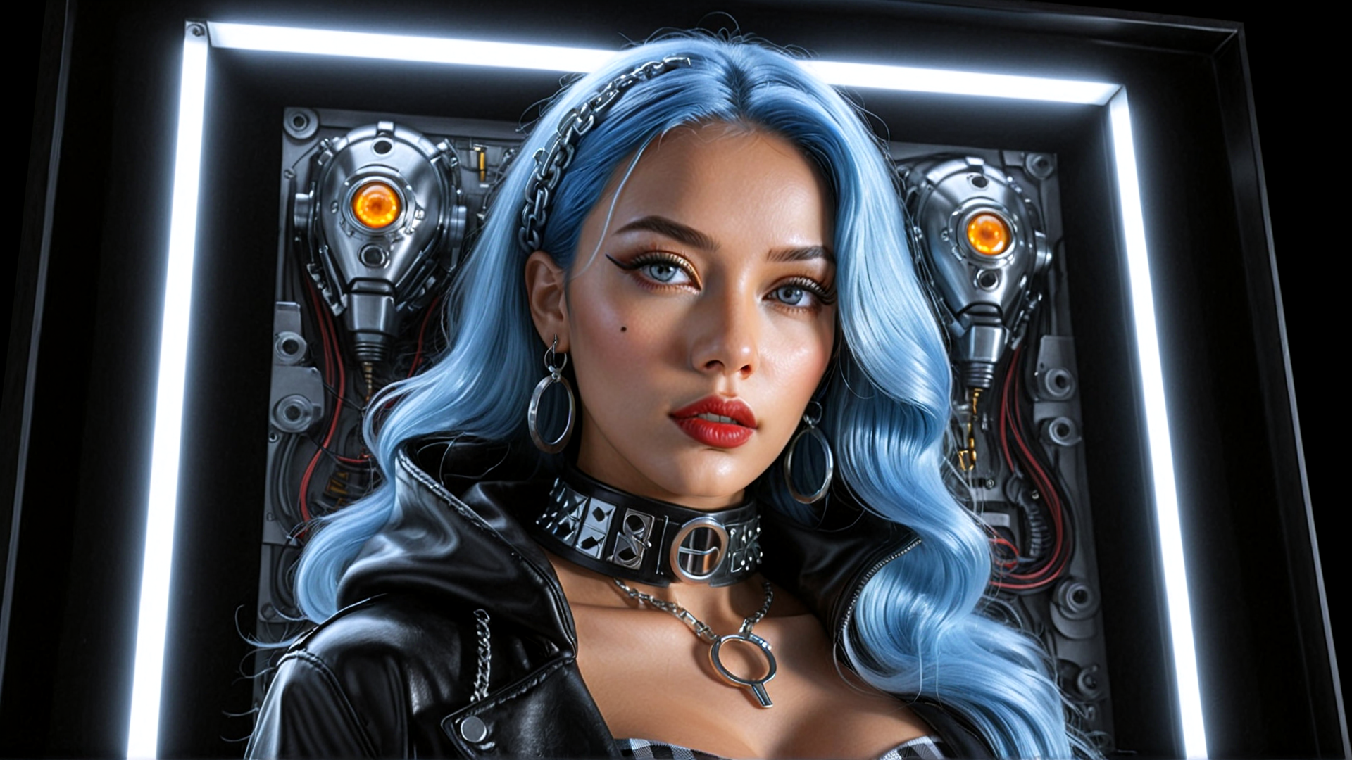 AI generated wallpaper featuring woman, robot, cyborg, goggles, chain, leather jacket, earring, choker, necklace, hair