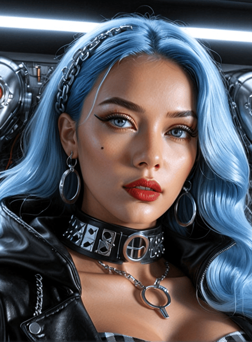 woman, robot, cyborg, goggles, chain, leather jacket, earring, choker, necklace, hair