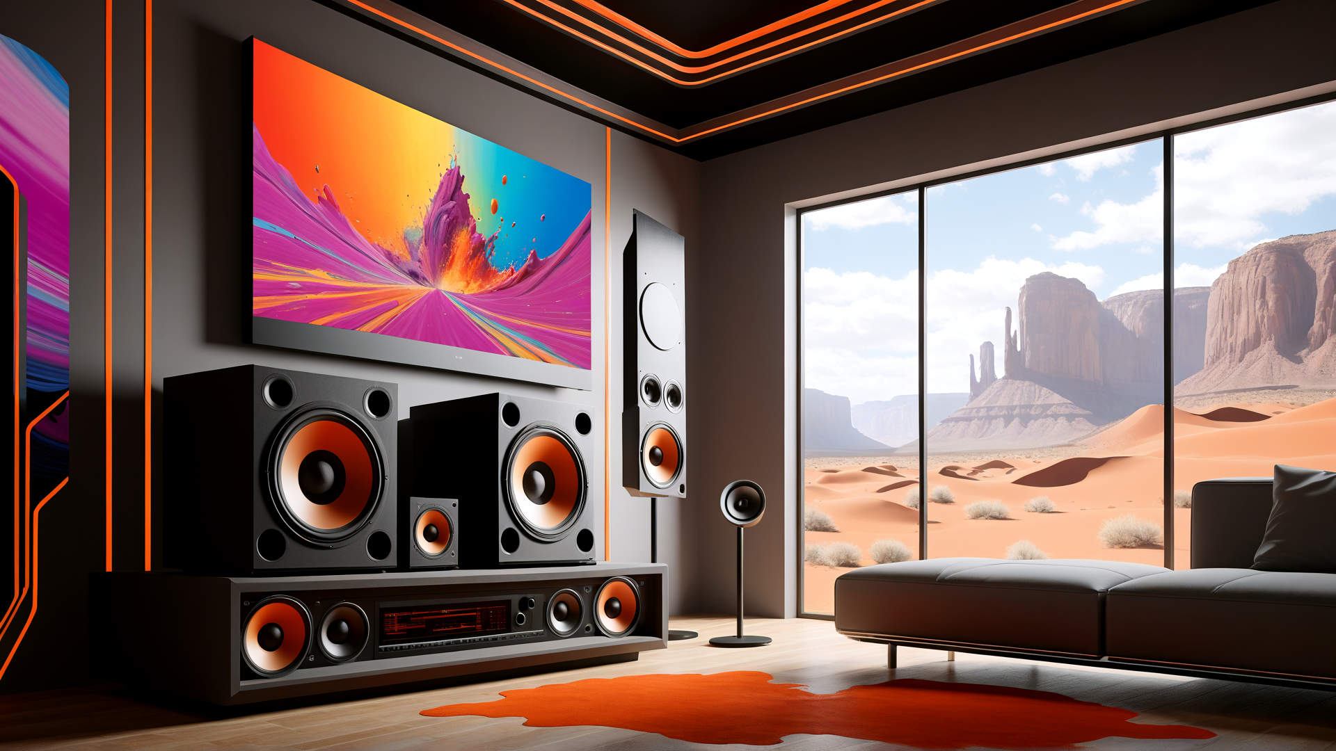 AI generated wallpaper featuring tv, speakers, living room, desert, couch, lamp, windows, rug, ceiling lights, walls