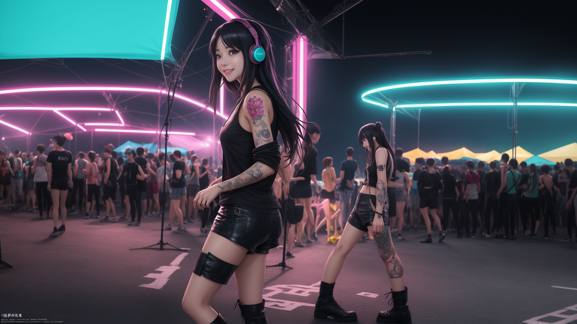 AI generated wallpaper featuring girl, tattoo, headphones