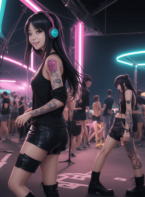 girl, tattoo, headphones