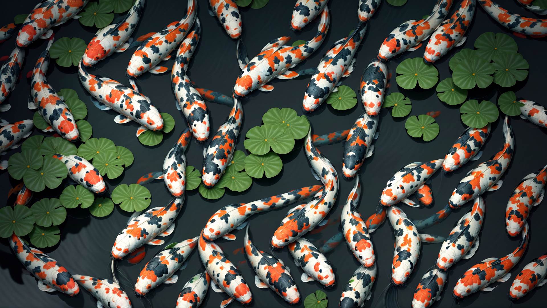 AI generated wallpaper featuring koi, lotus, fish, water, plants