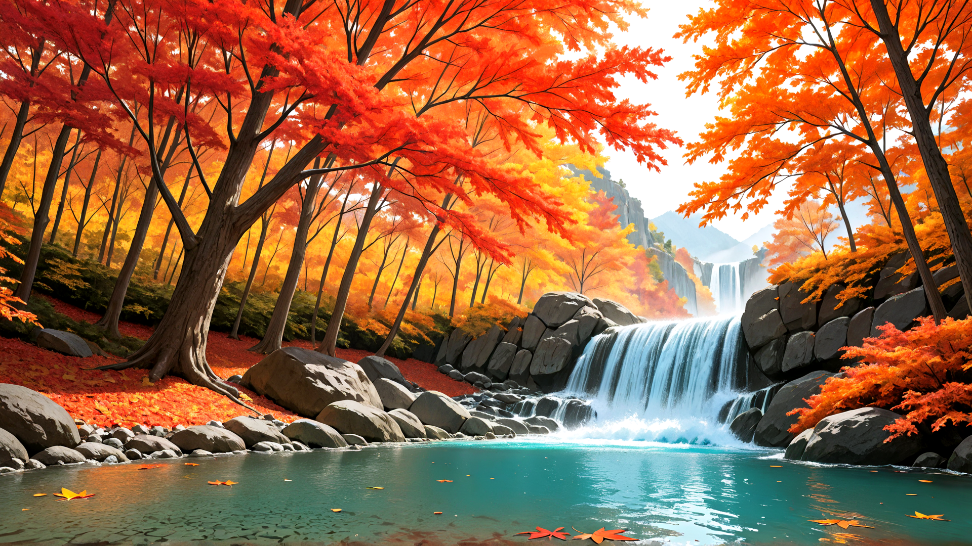 AI generated wallpaper featuring trees, waterfall, rocks, leaves, mountains