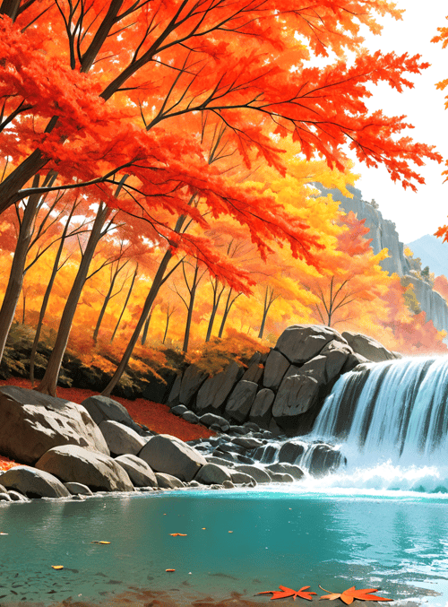 trees, waterfall, rocks, leaves, mountains