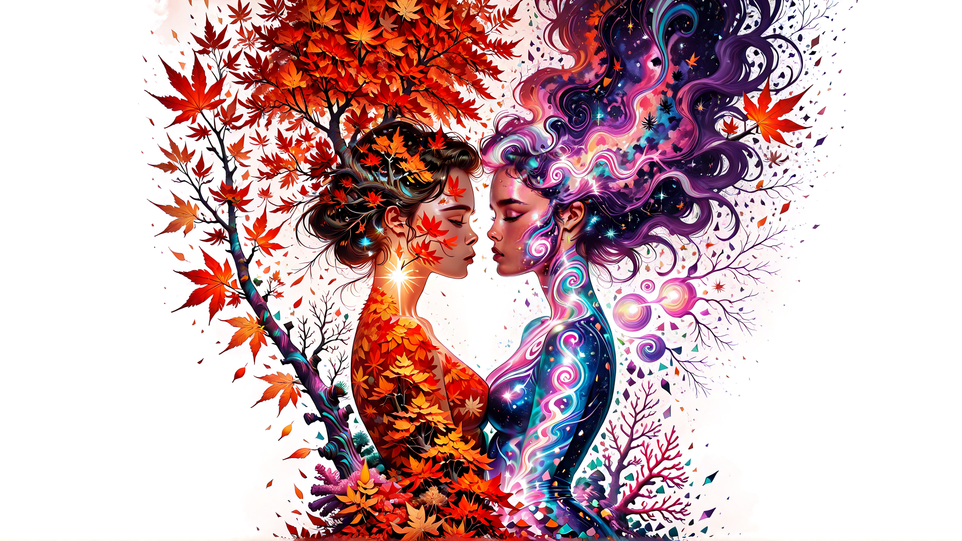 AI generated wallpaper featuring women, trees, leaves, art, figures