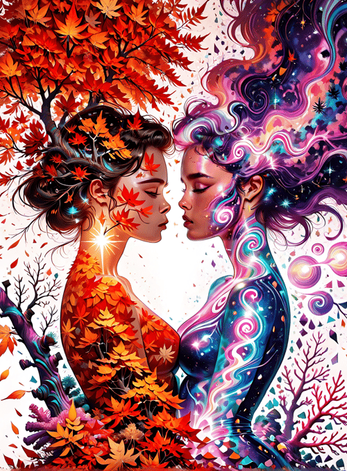 women, trees, leaves, art, figures