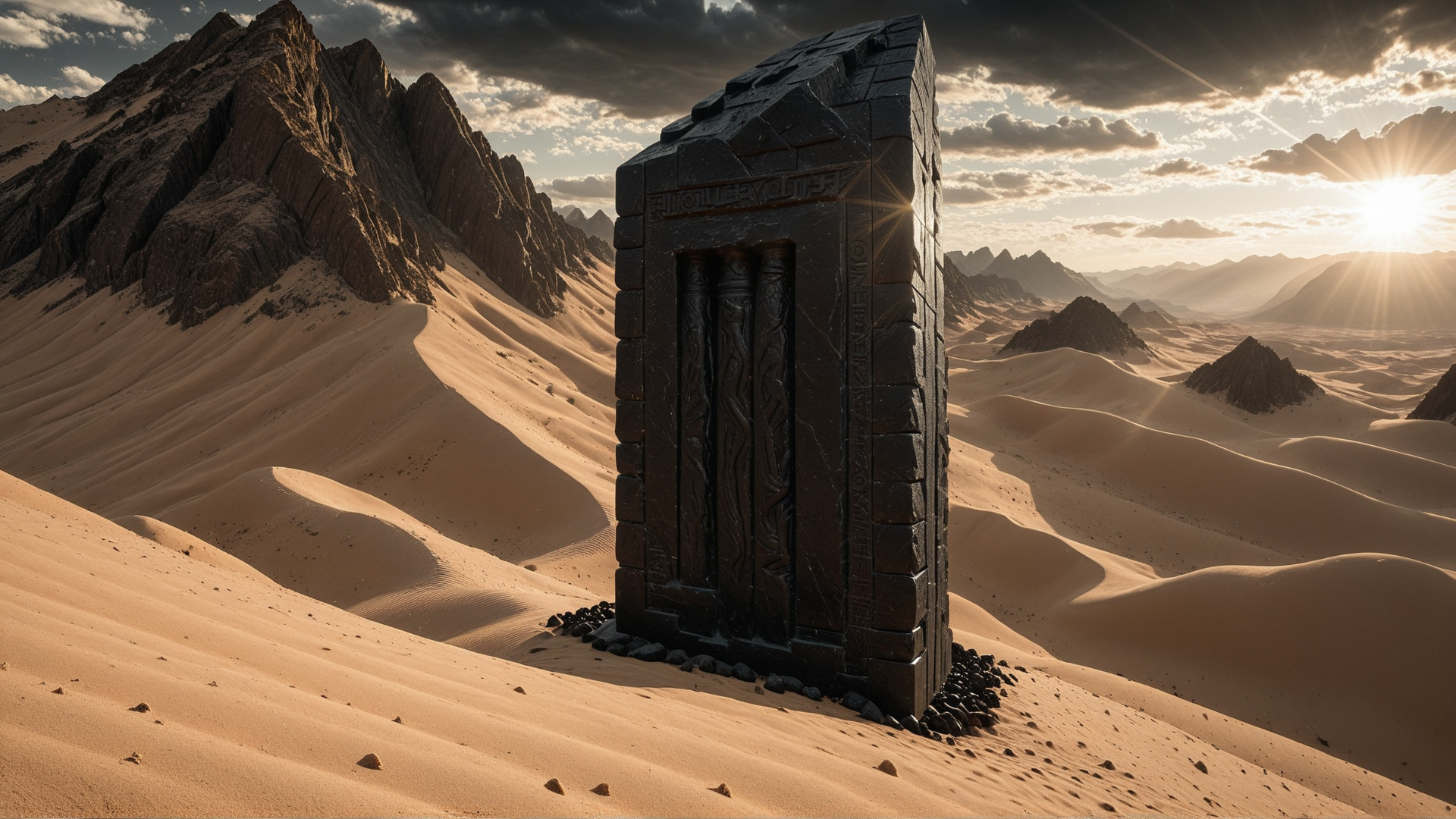 AI generated wallpaper featuring ancient monument, desert, sand dunes, mountains, sun, stone structure, carved pillars, rocks, sky, clouds