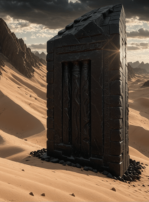 ancient monument, desert, sand dunes, mountains, sun, stone structure, carved pillars, rocks, sky, clouds