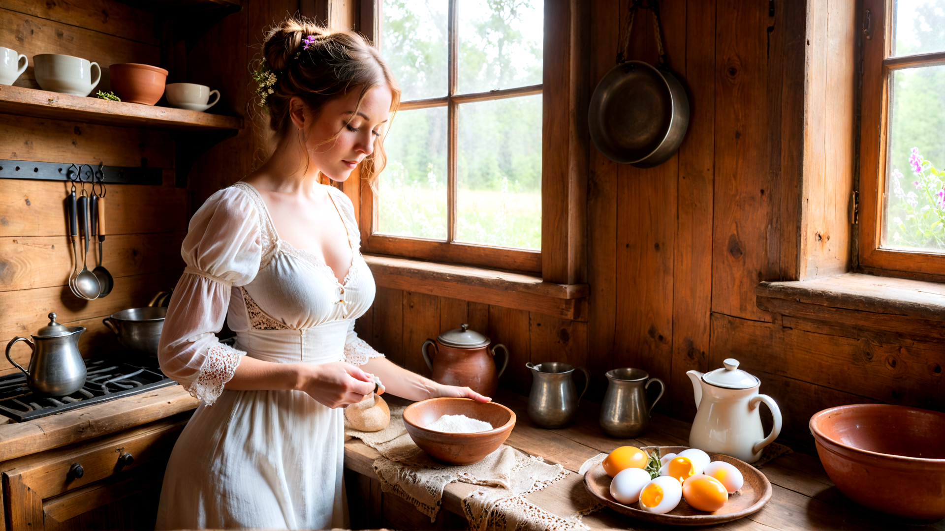 AI generated wallpaper featuring woman, kitchen, bowl, eggs, teapot, wooden, shelf, pot, dress, window