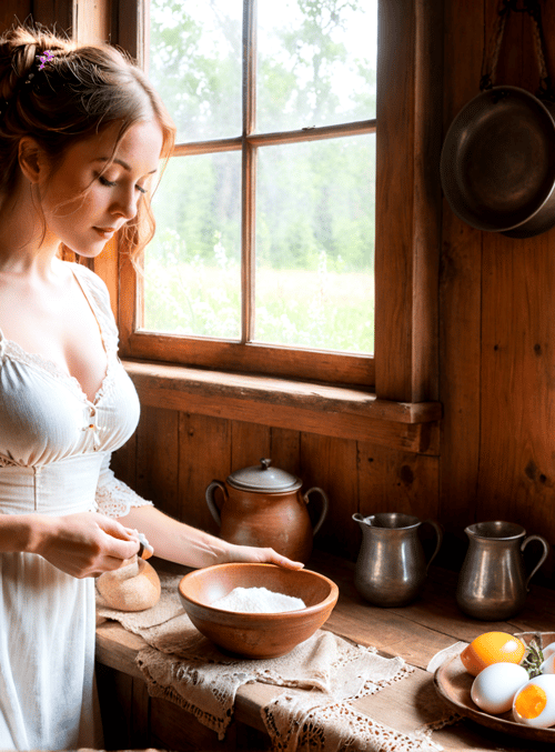 woman, kitchen, bowl, eggs, teapot, wooden, shelf, pot, dress, window