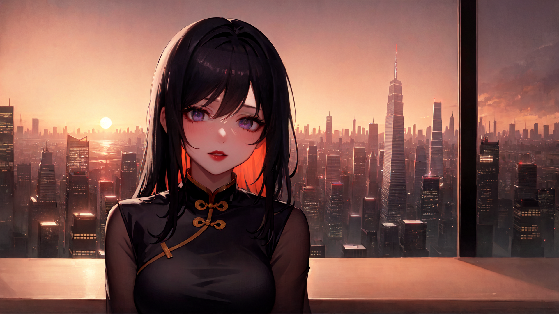 AI generated wallpaper featuring woman, cityscape, sunset
