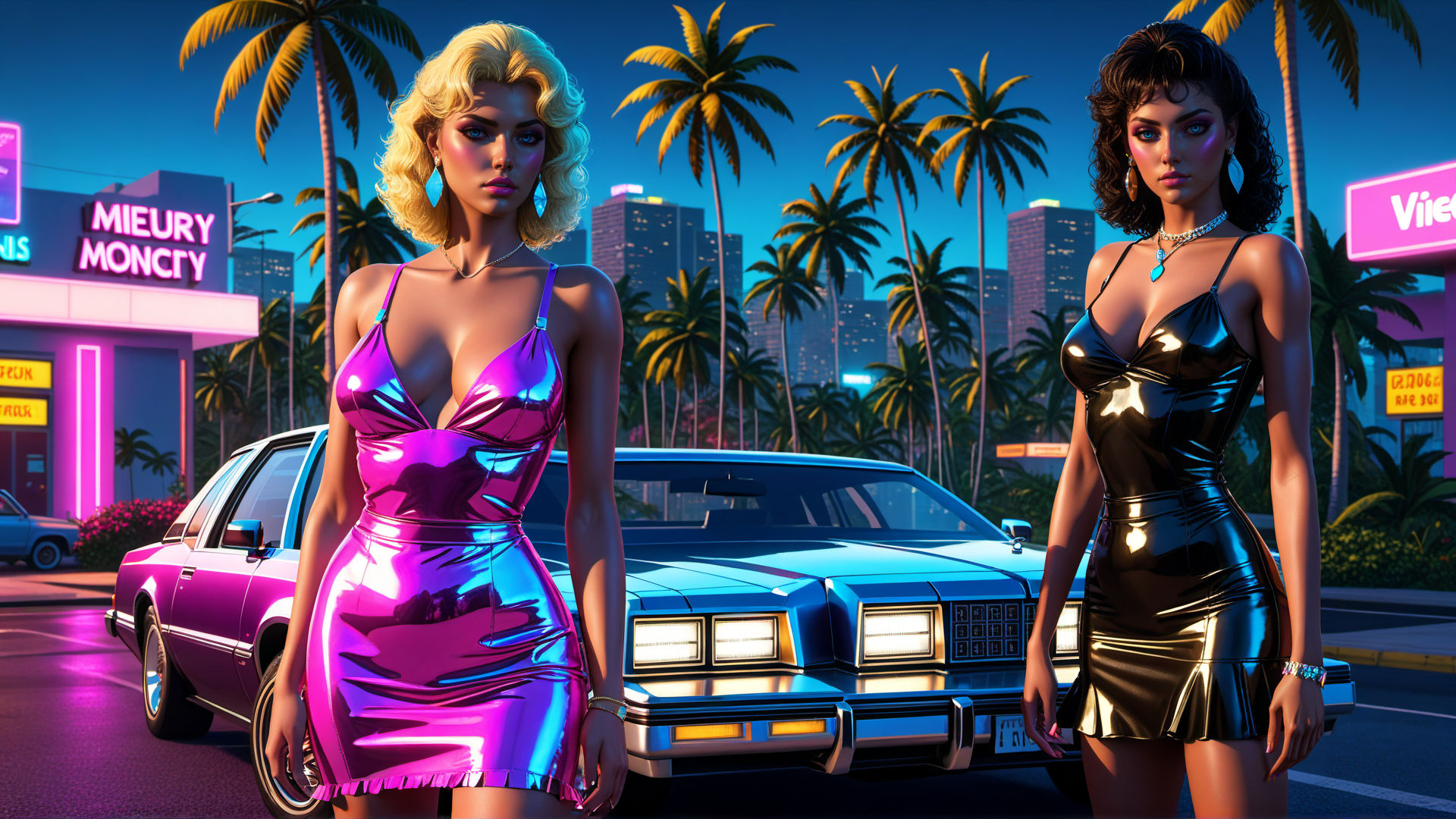 AI generated wallpaper featuring women, cars, palm trees