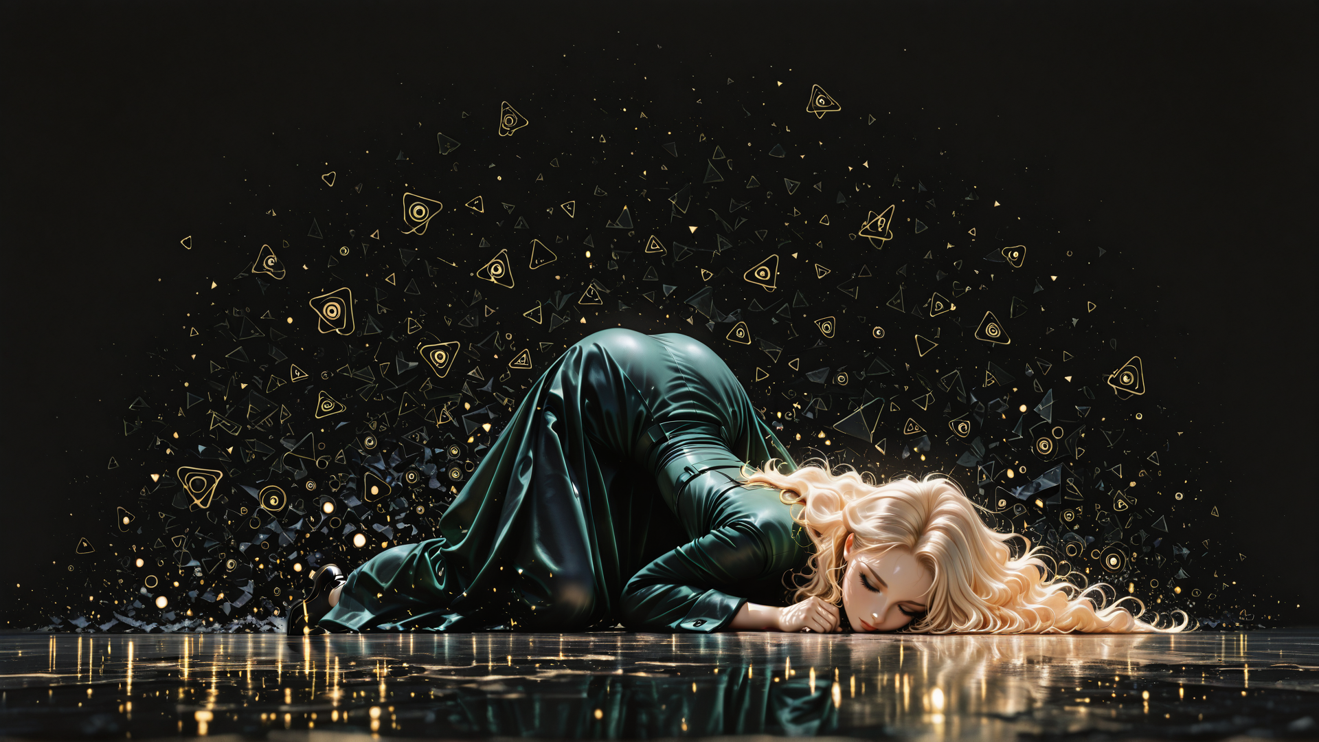 AI generated wallpaper featuring woman, geometric shapes, reflection