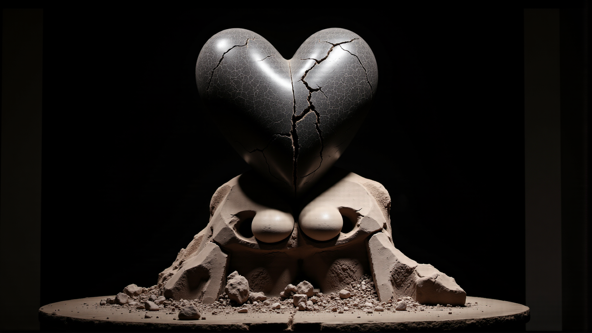 AI generated wallpaper featuring heart, statue, crack, rock, nude, figure, art