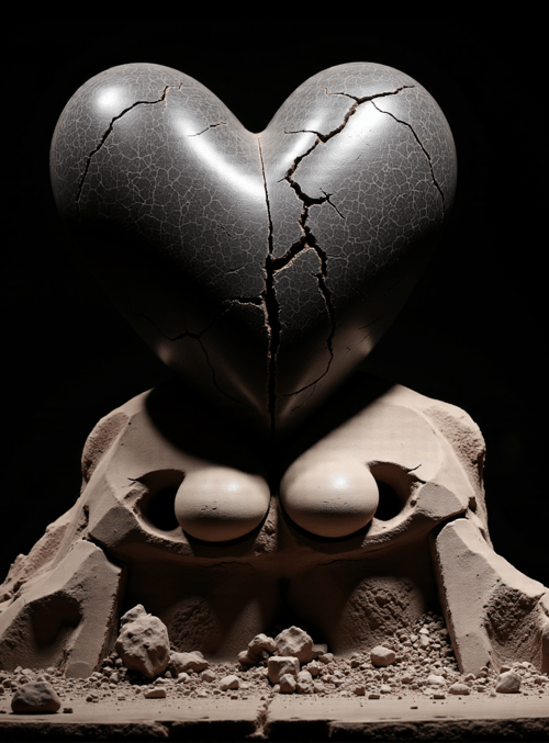 heart, statue, crack, rock, nude, figure, art