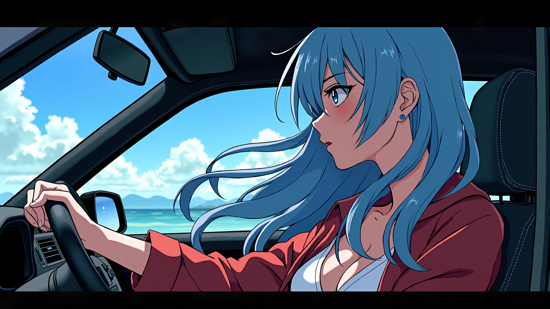 AI generated wallpaper featuring girl, driver, car, hair, steering wheel, mirror, sky, ocean, mountain, sun