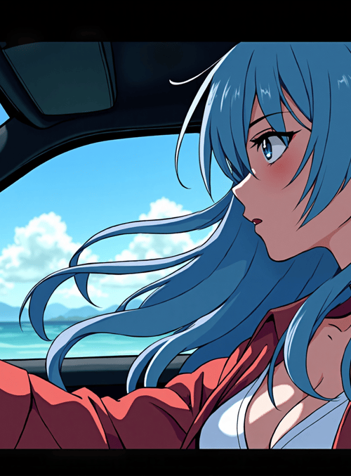 girl, driver, car, hair, steering wheel, mirror, sky, ocean, mountain, sun