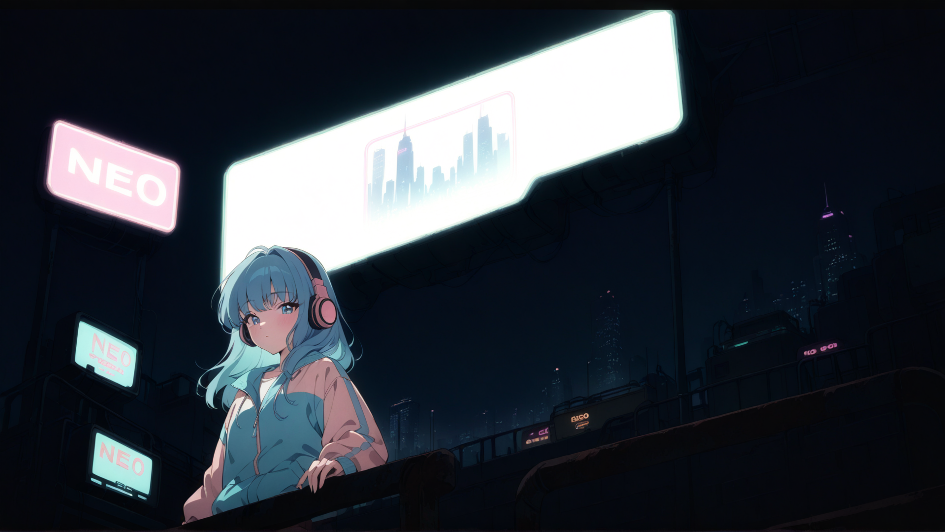 AI generated wallpaper featuring girl, cityscape, neon sign