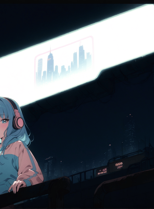 girl, cityscape, neon sign
