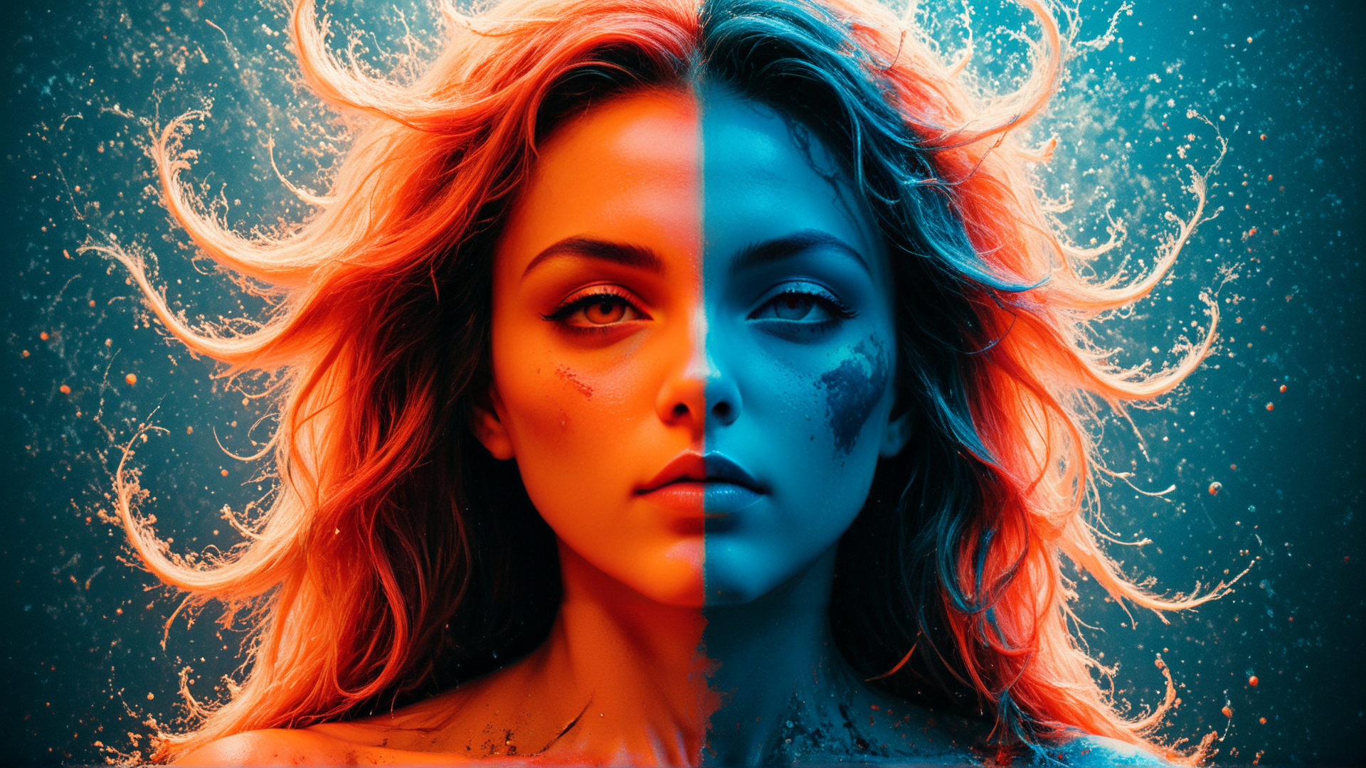 AI generated wallpaper featuring woman, hair, face, particles, artwork