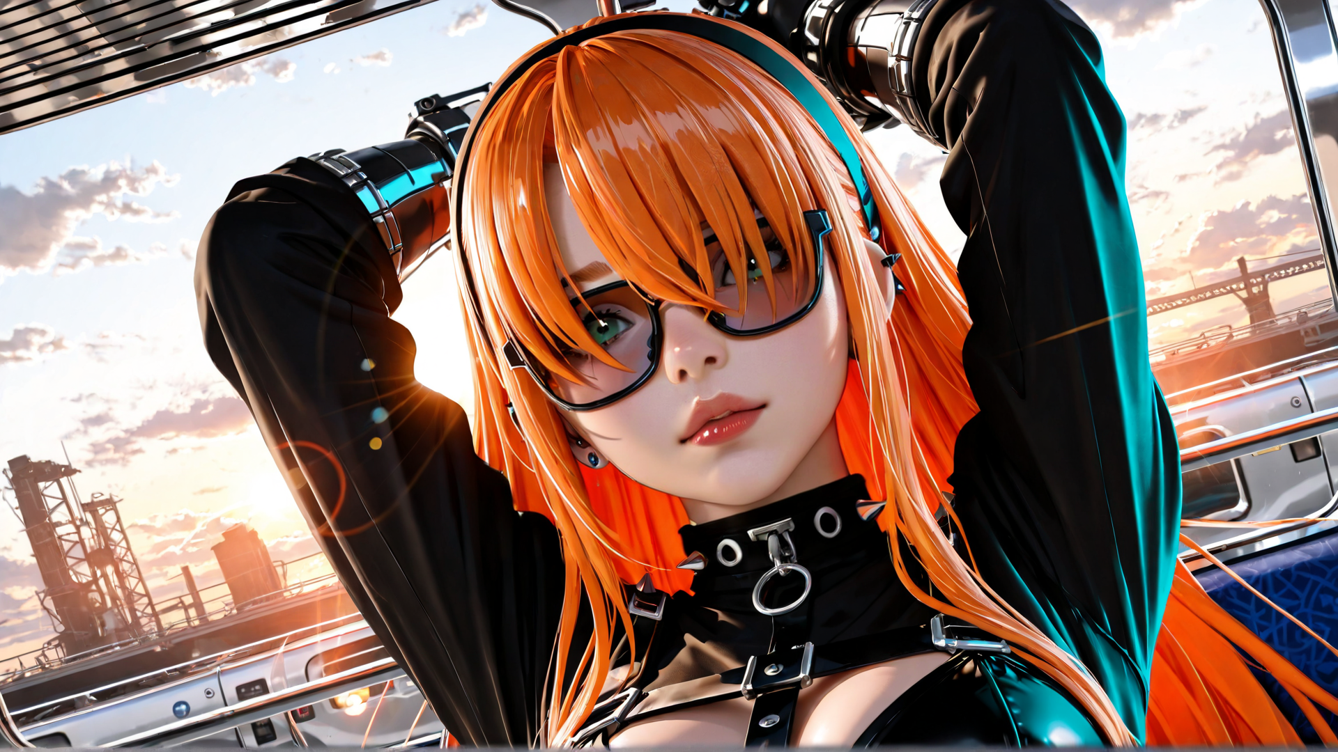 AI generated wallpaper featuring cyberpunk, girl, sunglasses, orange hair, mechanical arm, cityscape, train, fashion, glasses, outfit
