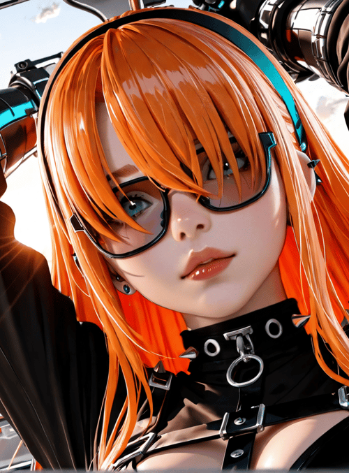 cyberpunk, girl, sunglasses, orange hair, mechanical arm, cityscape, train, fashion, glasses, outfit