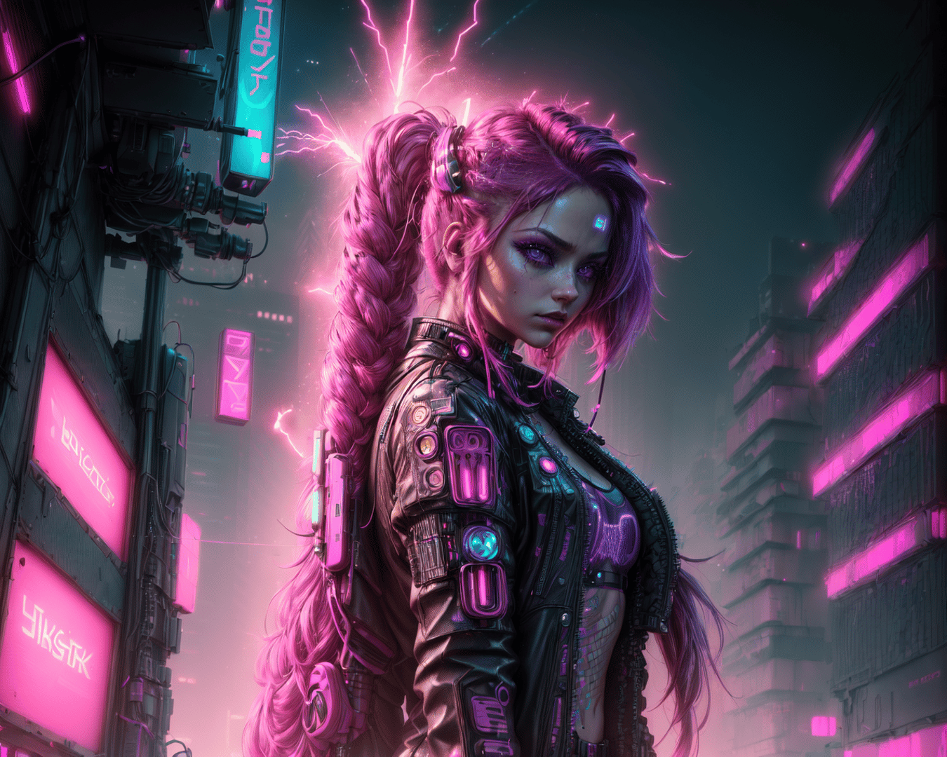 AI generated wallpaper featuring cyberpunk woman, neon city
