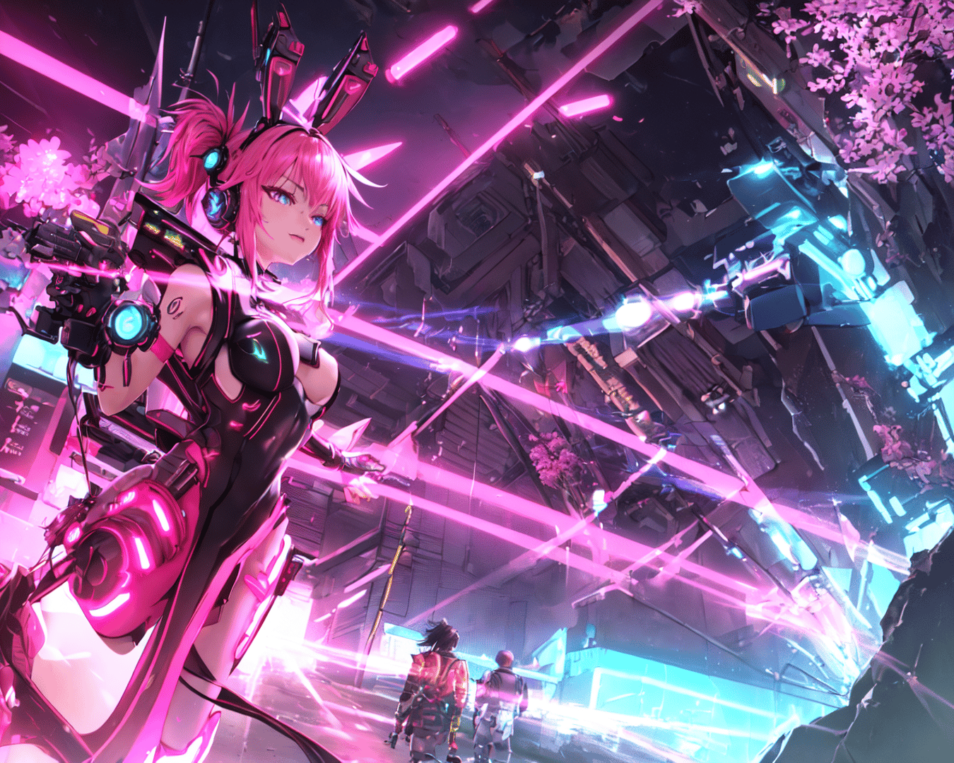 AI generated wallpaper featuring cybernetic girl, futuristic city, characters