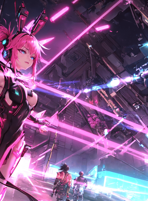 cybernetic girl, futuristic city, characters