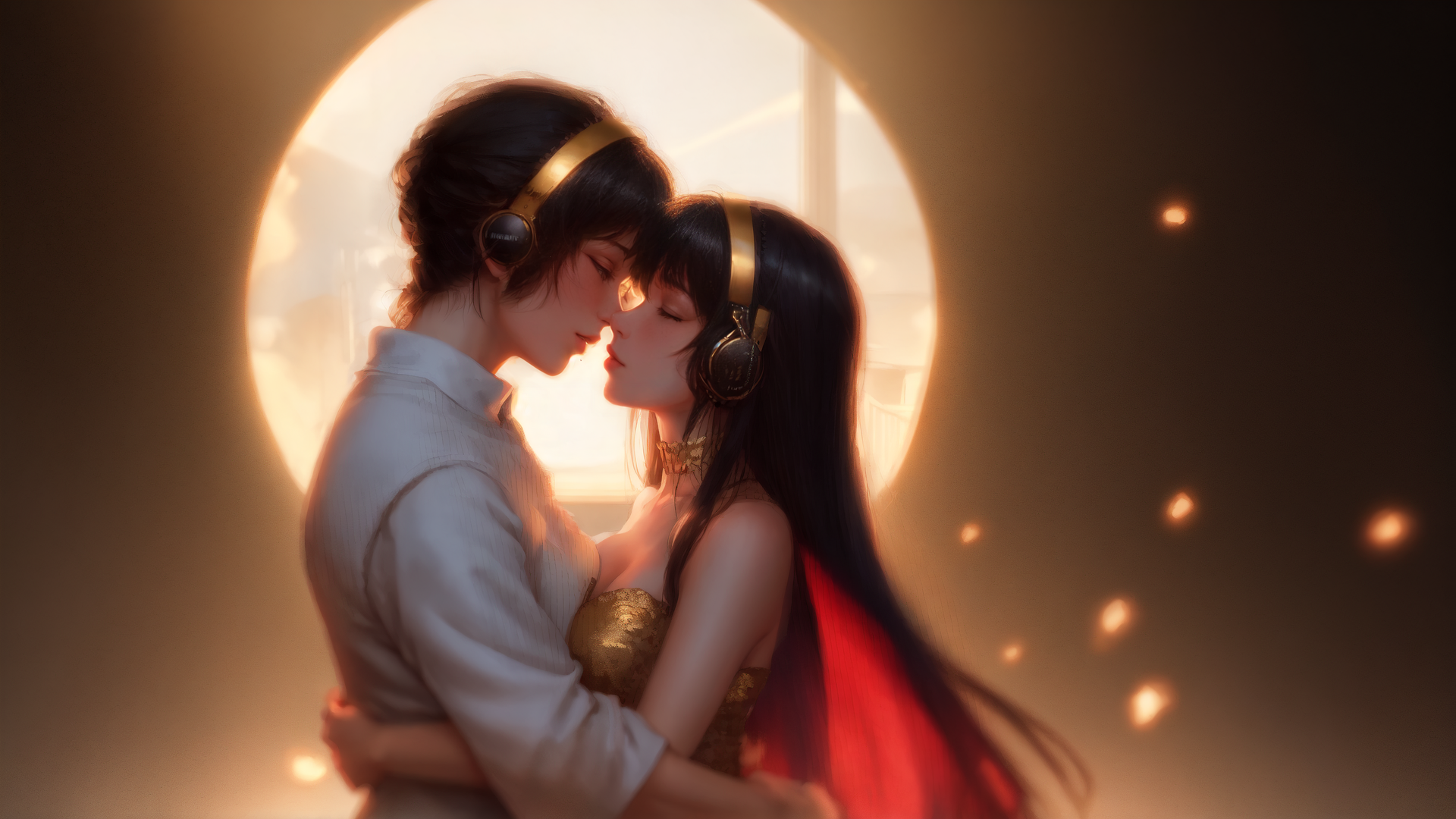 AI generated wallpaper featuring couple, headphones, sunlight