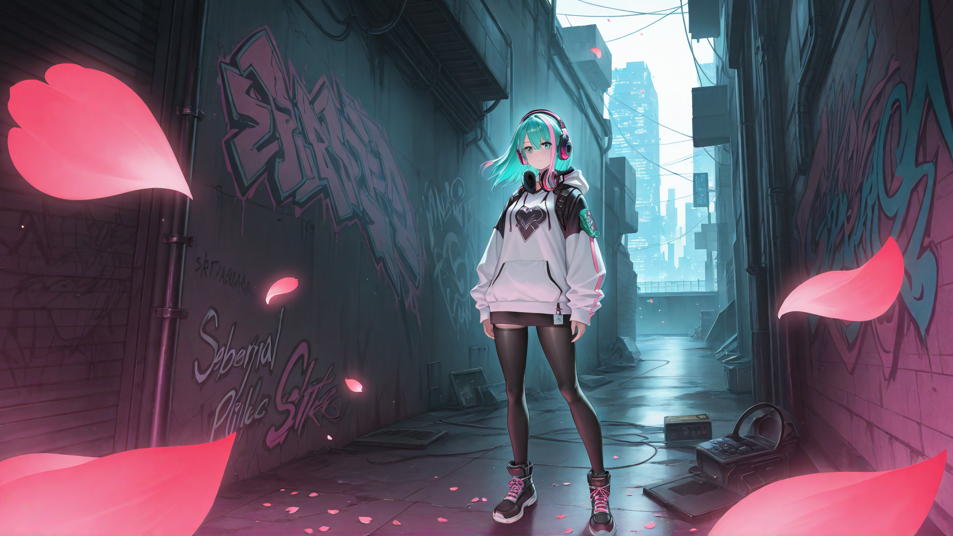 AI generated wallpaper featuring anime girl, graffiti alley, cyberpunk