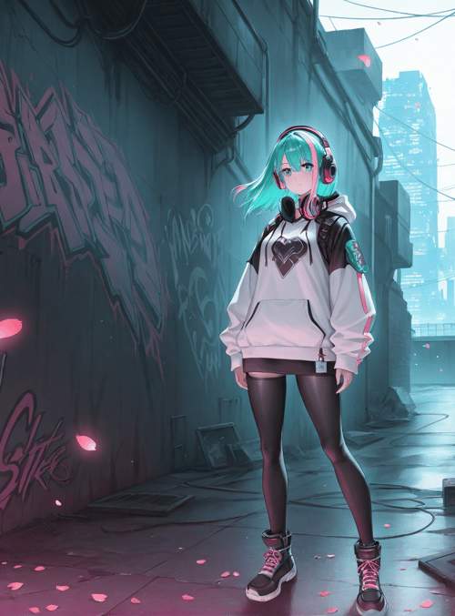 anime girl, graffiti alley, cyberpunk