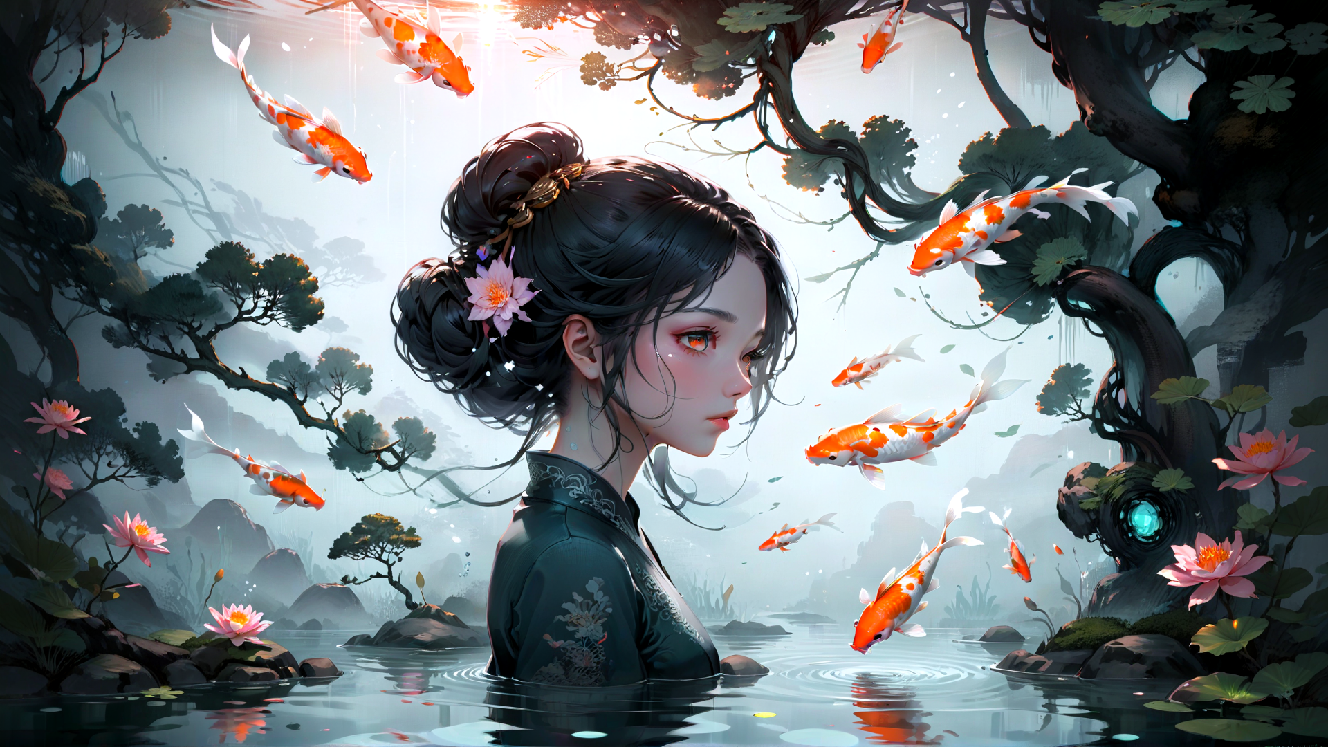 AI generated wallpaper featuring woman, koi fish, lotus flower, tree, water, sunset, ancient, hair, lotus pond, garden