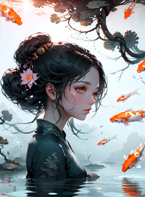 woman, koi fish, lotus flower, tree, water, sunset, ancient, hair, lotus pond, garden