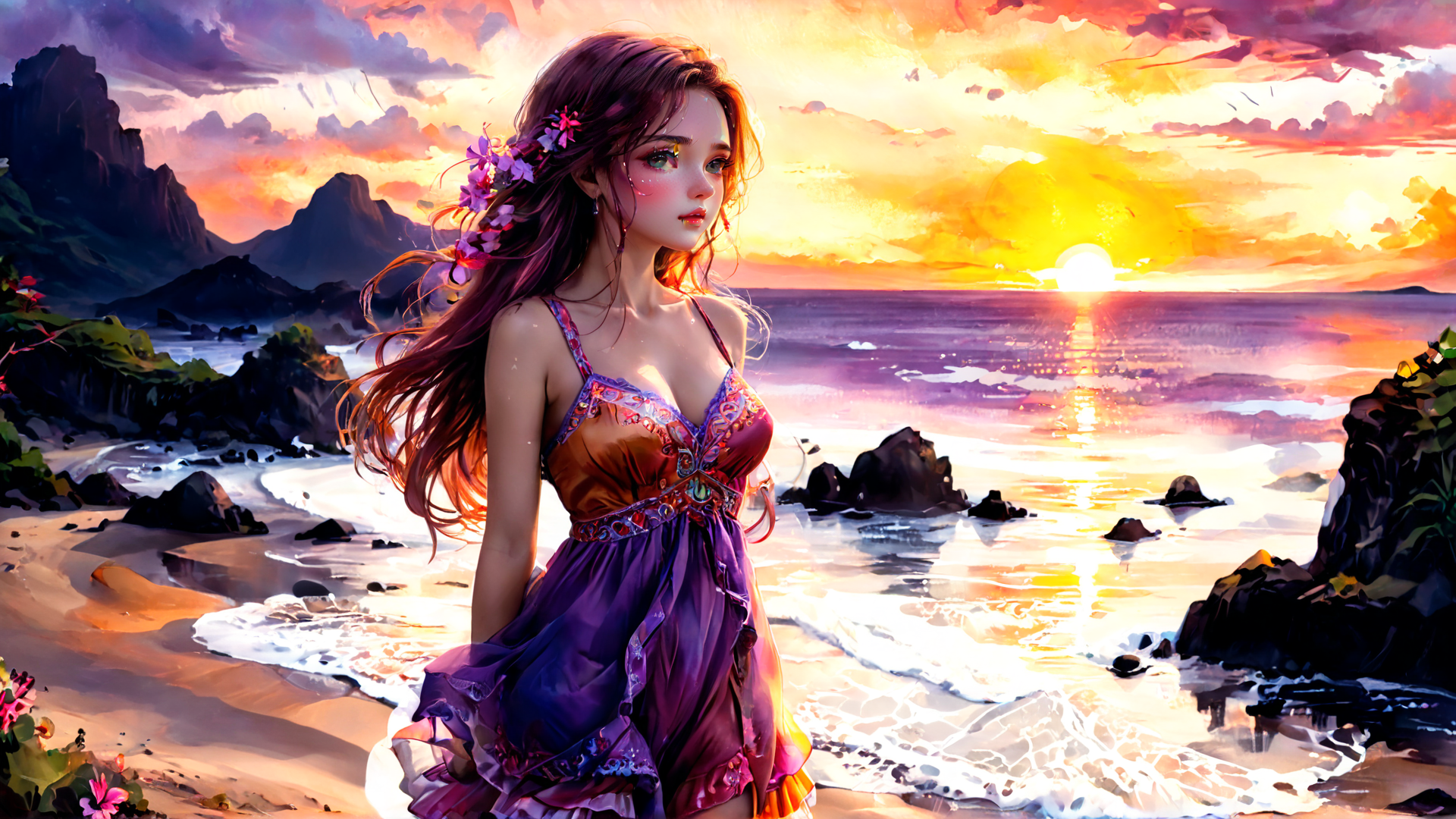 AI generated wallpaper featuring woman, beach, sunset