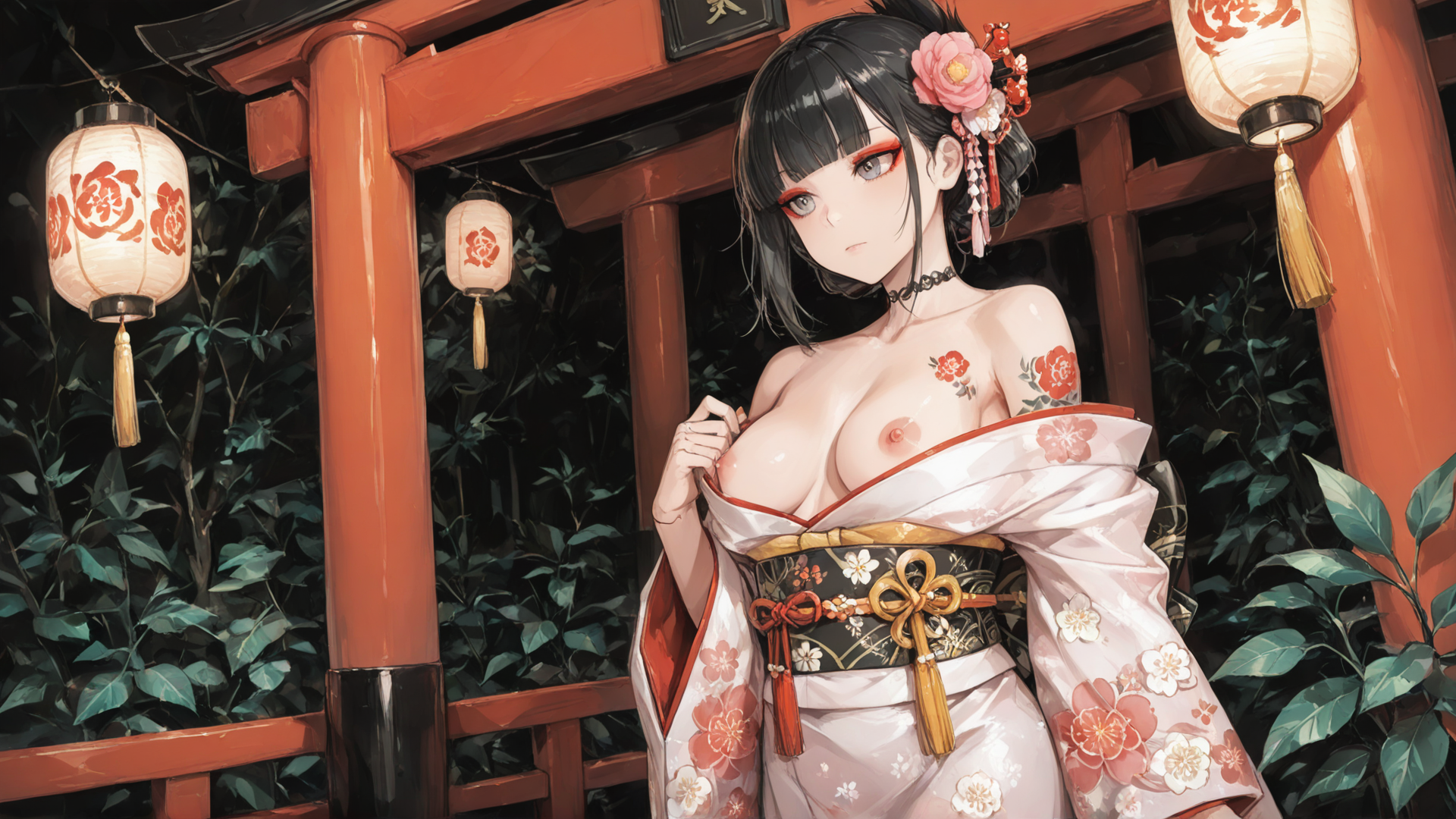 AI generated wallpaper featuring geisha, lantern, kimono, flower, pole, plant, lantern, cherry blossom, nose, hair