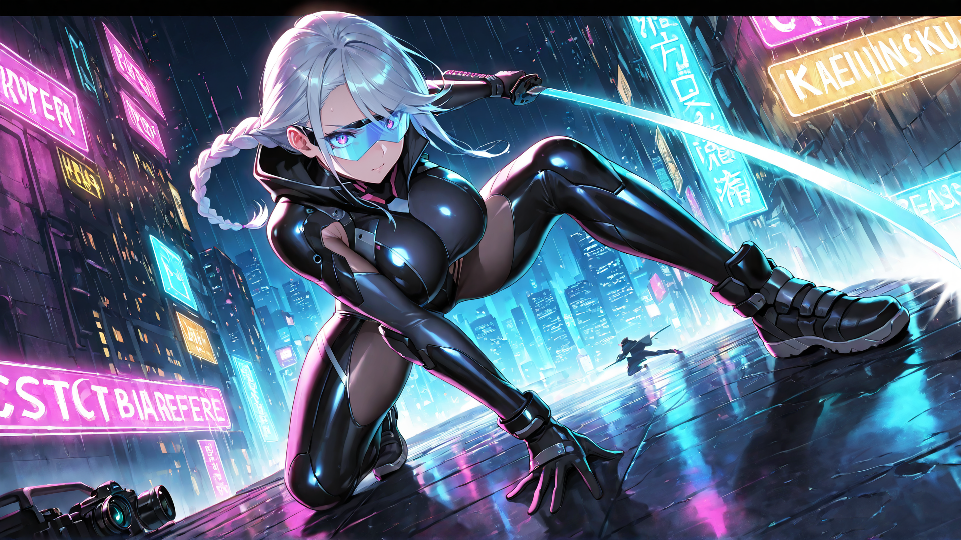 AI generated wallpaper featuring cyberpunk, female, character