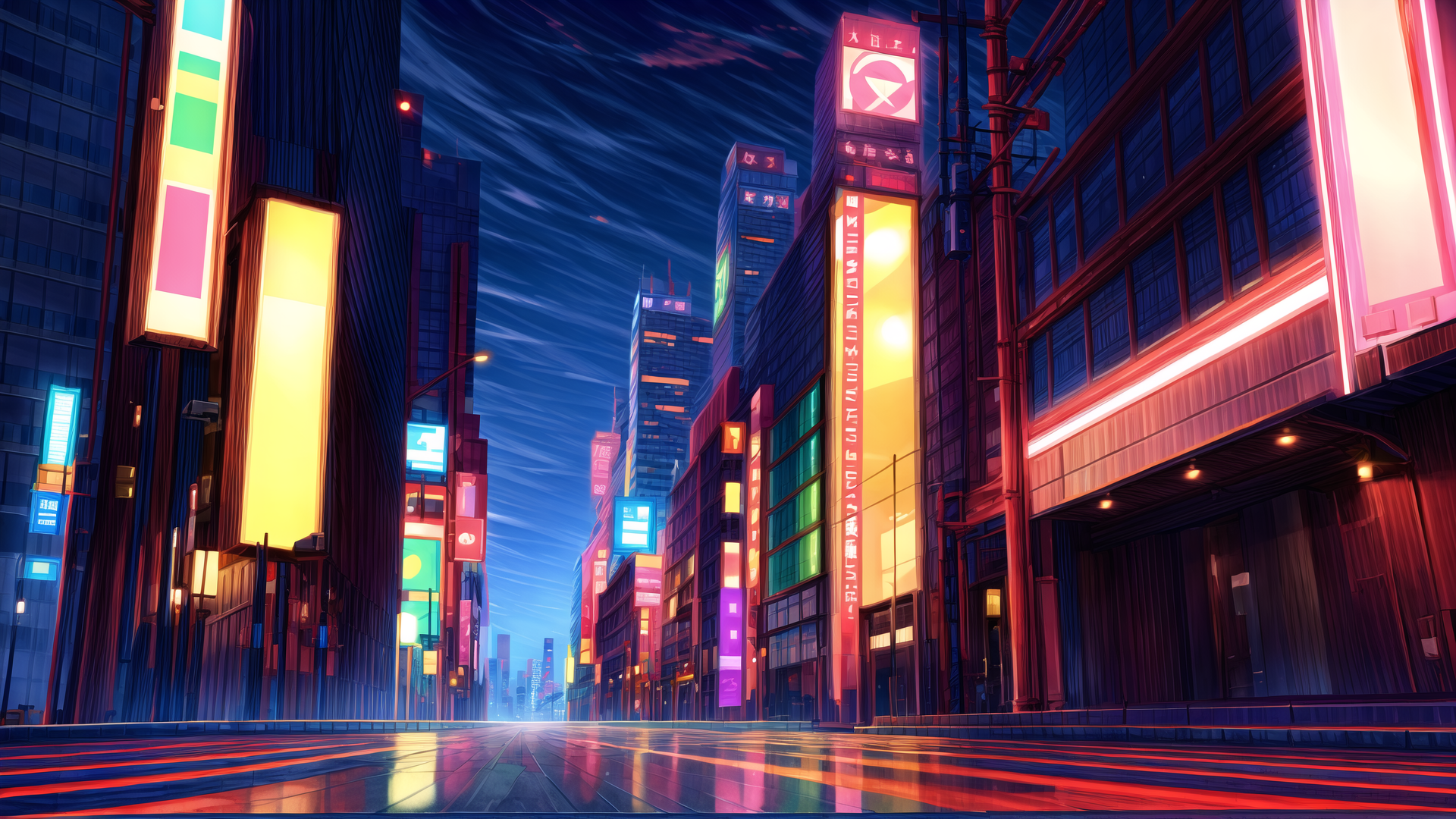 AI generated wallpaper featuring city, street, buildings, neon signs, skyline, night, road, signboards, lighting, structures