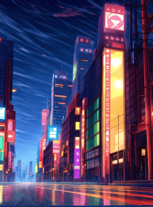 city, street, buildings, neon signs, skyline, night, road, signboards, lighting, structures