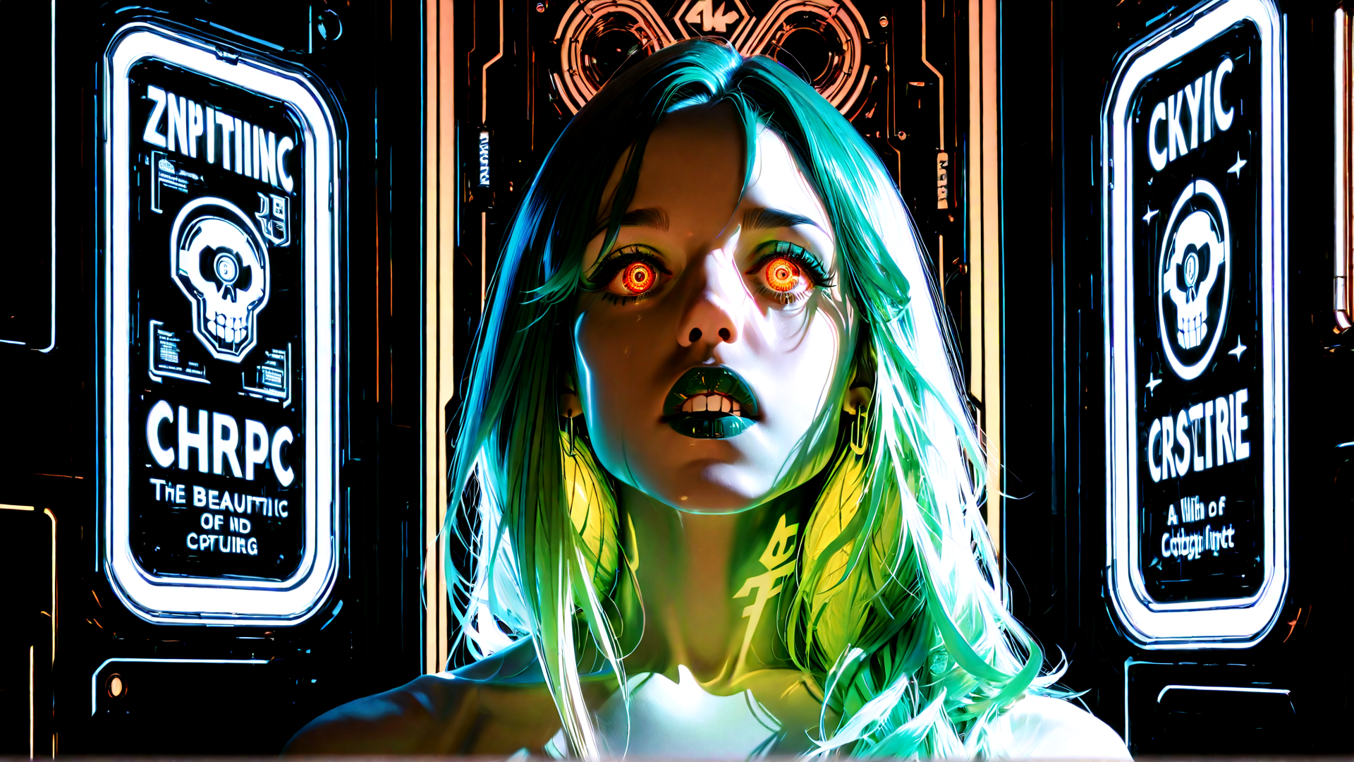 AI generated wallpaper featuring cyberpunk woman, neon sign, skull logo, glowing hair