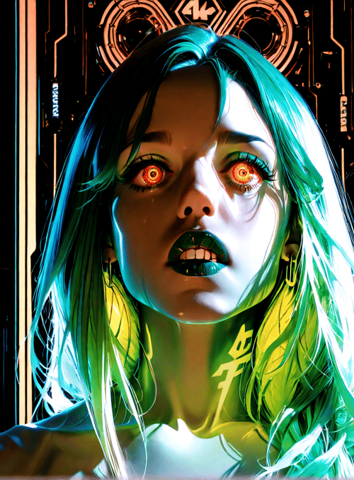 cyberpunk woman, neon sign, skull logo, glowing hair