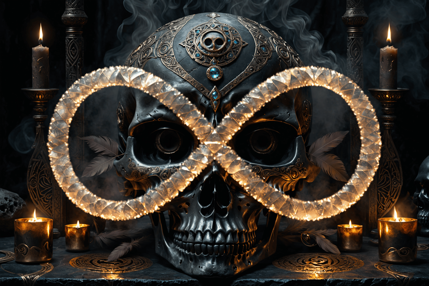AI generated wallpaper featuring skull, candles, infinite symbol