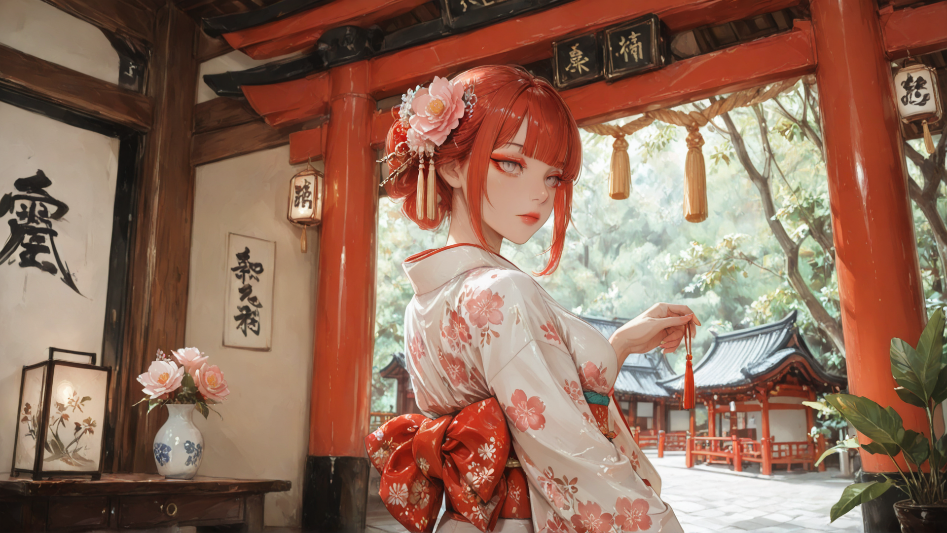 AI generated wallpaper featuring woman, kimono, flower, lantern, vase, building, trees, tassel, hairpin, sash
