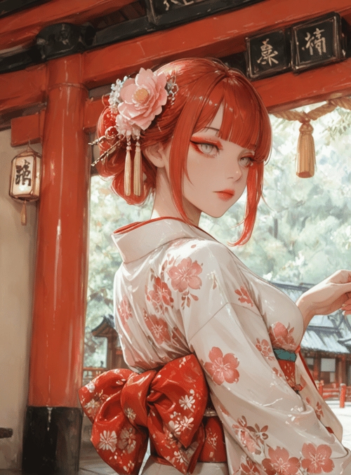 woman, kimono, flower, lantern, vase, building, trees, tassel, hairpin, sash